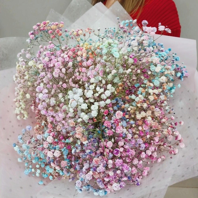 Букет из 9 радужных гипсофил в черной бумаге